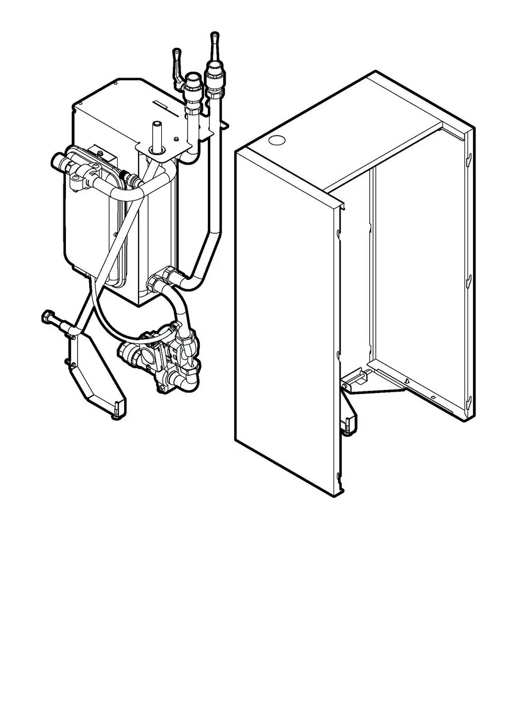 Remeha Anschlussset mit Plattenwärmetauscher, abgebildet in schematischer Darstellung. Komponenten und Leitungen sind klar sichtbar.
